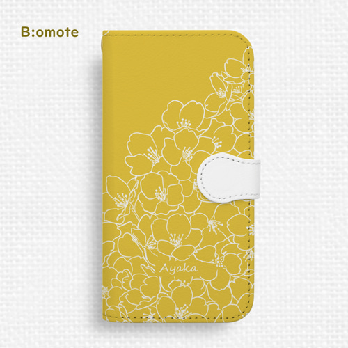 手帳型スマホケース グレージュ×イエロー さくら咲くiPhone手帳型スマホケース マスタードイエロー 全機種
