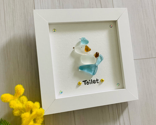 トイレ 表札 正方形 シーグラスアート インテリア雑貨 北欧 ガラス細工