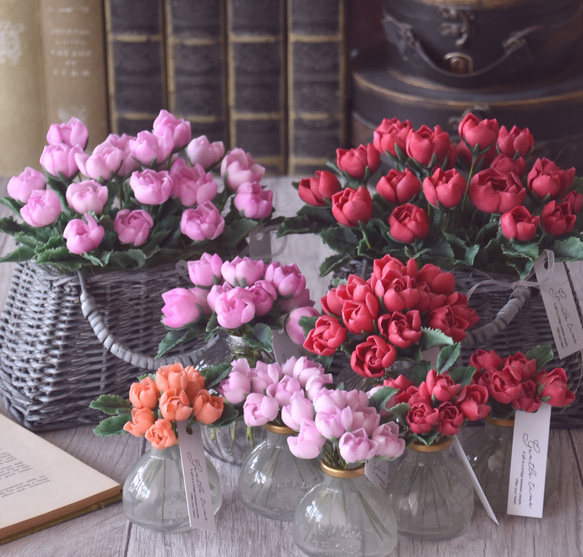 ◆粘土のお花◆　真っ赤なミニ薔薇　グレーバスケット　B783 11枚目の画像