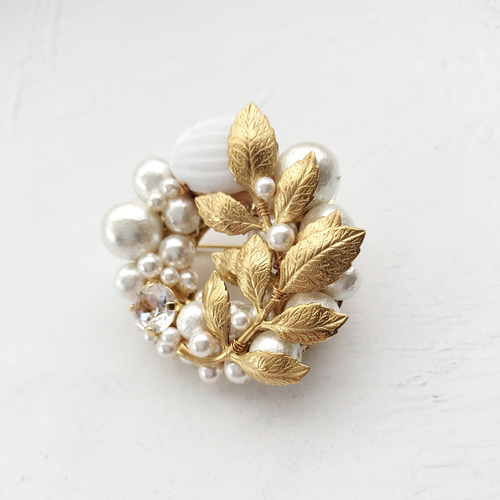 再販》ブローチ 真鍮 ダブルリーフ ヴィンテージ カボション コットン