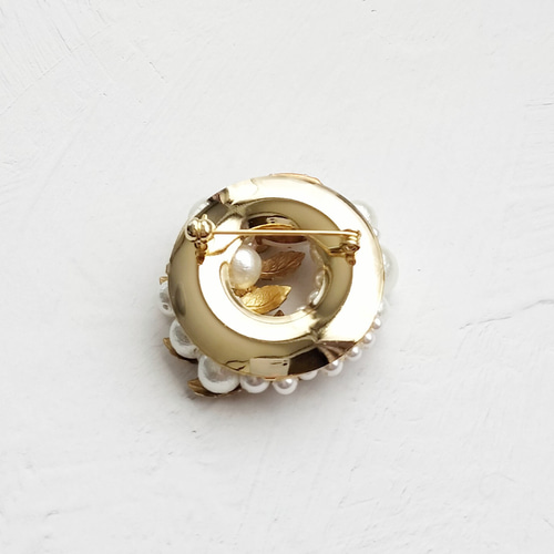 再販》ブローチ 真鍮 ダブルリーフ ヴィンテージ カボション コットン