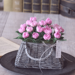 ◆粘土のお花◆　ピンクのミニ薔薇　グレーバスケット　B784 5枚目の画像