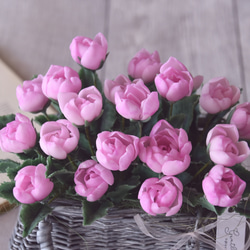 ◆粘土のお花◆　ピンクのミニ薔薇　グレーバスケット　B784 7枚目の画像