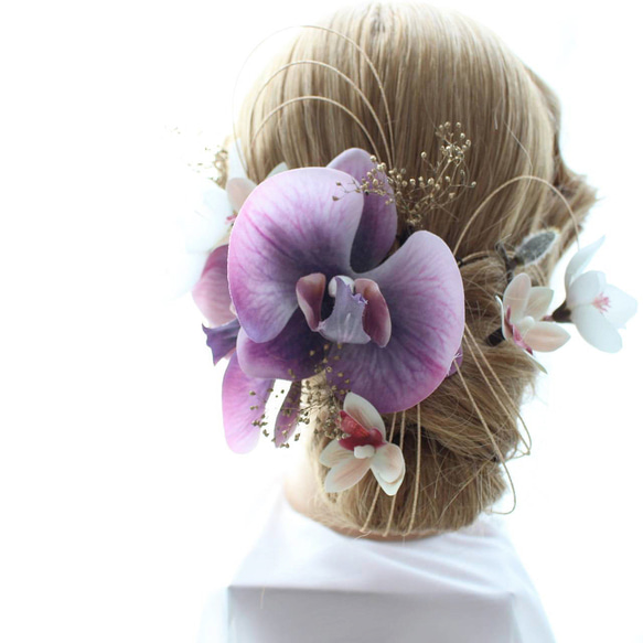 No.00119  紫胡蝶蘭×シンビジューム×オンシジウム×水引き髪飾り 2枚目の画像