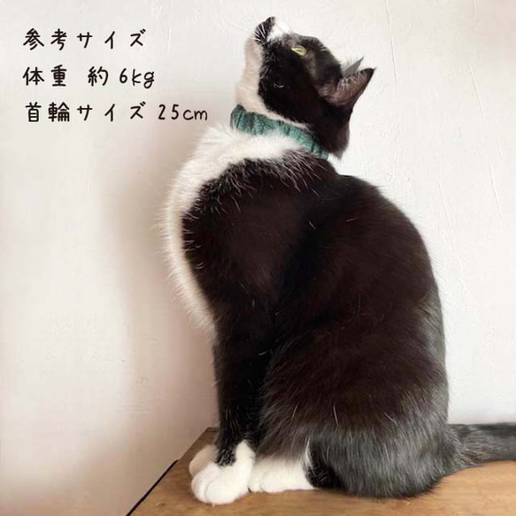 首輪を嫌がる猫のためのシュシュタイプの首輪【サイズ調整可能】（ターコイズグリーン、葉模様） 7枚目の画像