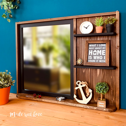 シェルフ付き【の木製ウォールミラー】壁掛け鏡