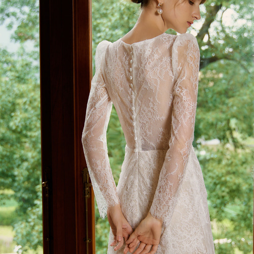 Vネック 長袖 総レース ウエディングドレス 二次会 前撮り ドレス  