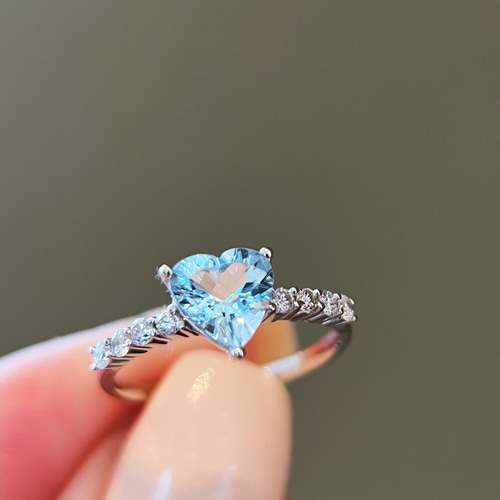 天然ダイヤモンド付きアクアマリンリングk18