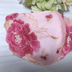 【送料込み】  レースマスク No.61 大輪花柄 ピンクレース  花柄刺繍  肌に優しい 2枚目の画像
