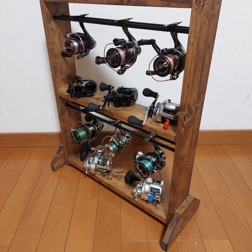 【tkfishingさん専用】リールスタンド 【特注】リール棚2段(塗装)棚4段 リールスタンド ダークウォルナット 棚・シェルフ・ラック bibipapa