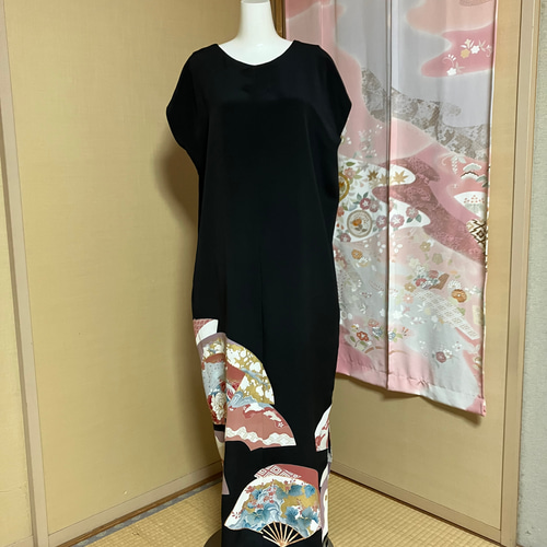 着物リメイク 正絹黒留袖からワンピースにもなるロングドレス(リング