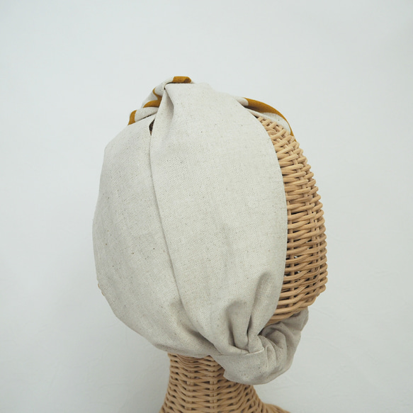 頭巾（結）☆棉麻點芥末黃色×自然 第6張的照片