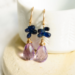 紫水晶水滴和藍寶石水滴耳環 14kgf 包金 第2張的照片