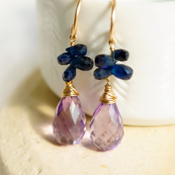 紫水晶水滴和藍寶石水滴耳環 14kgf 包金 第1張的照片
