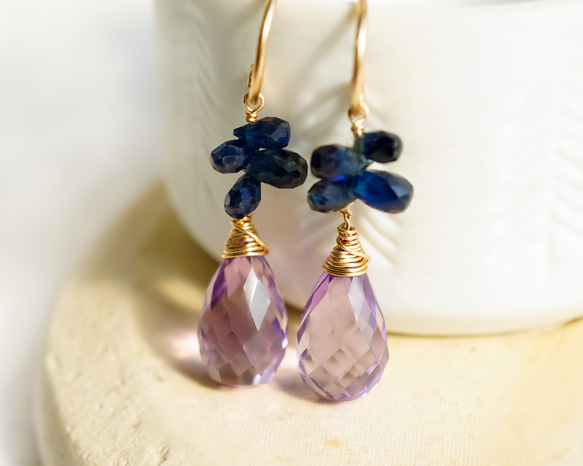 紫水晶水滴和藍寶石水滴耳環 14kgf 包金 第1張的照片