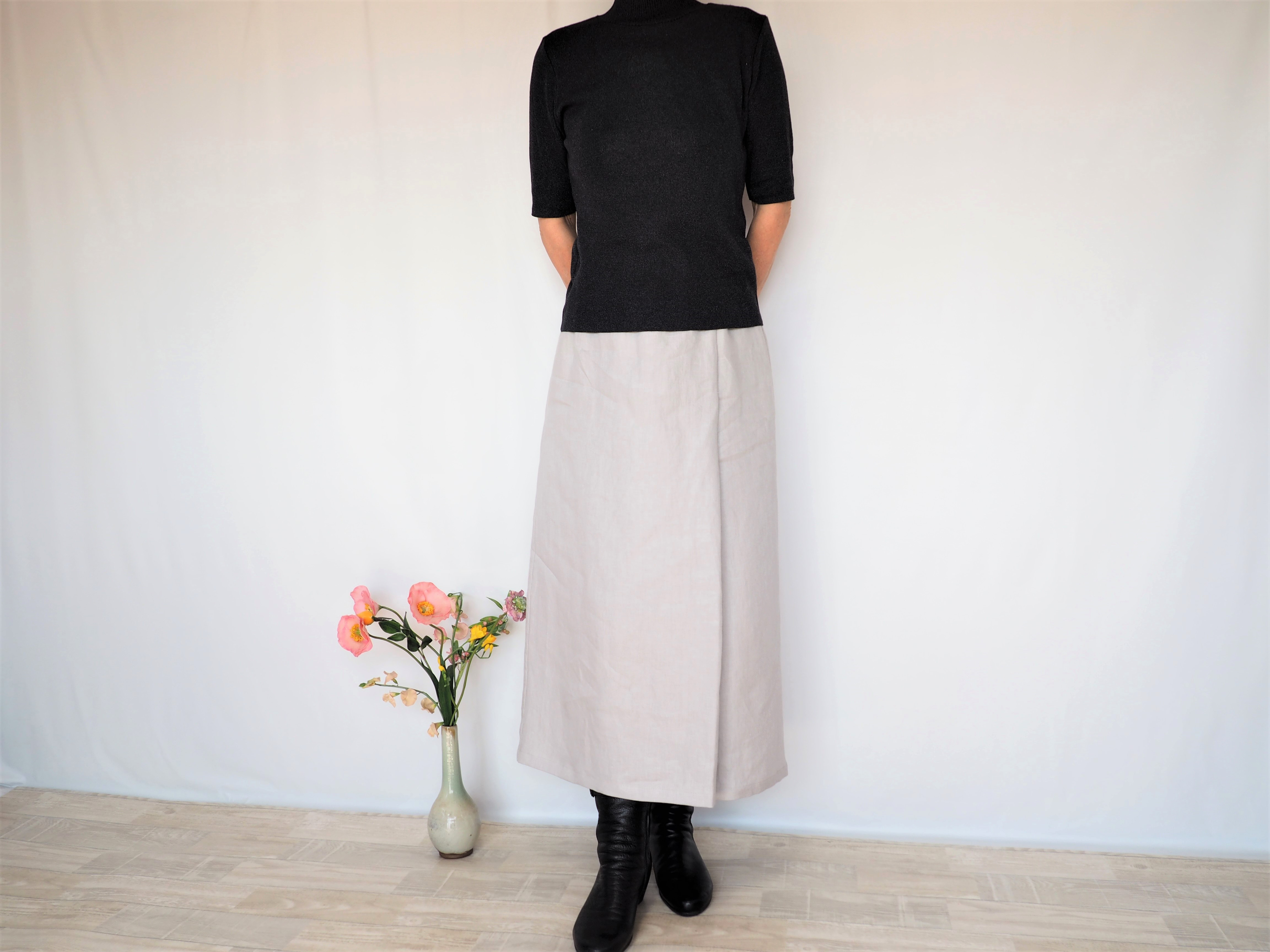 ラップスカート風ワイドパンツ　ソフトでふっくらとした洗いざらし風ワッシャーリネン100％　アイスグレー　オールシーズン