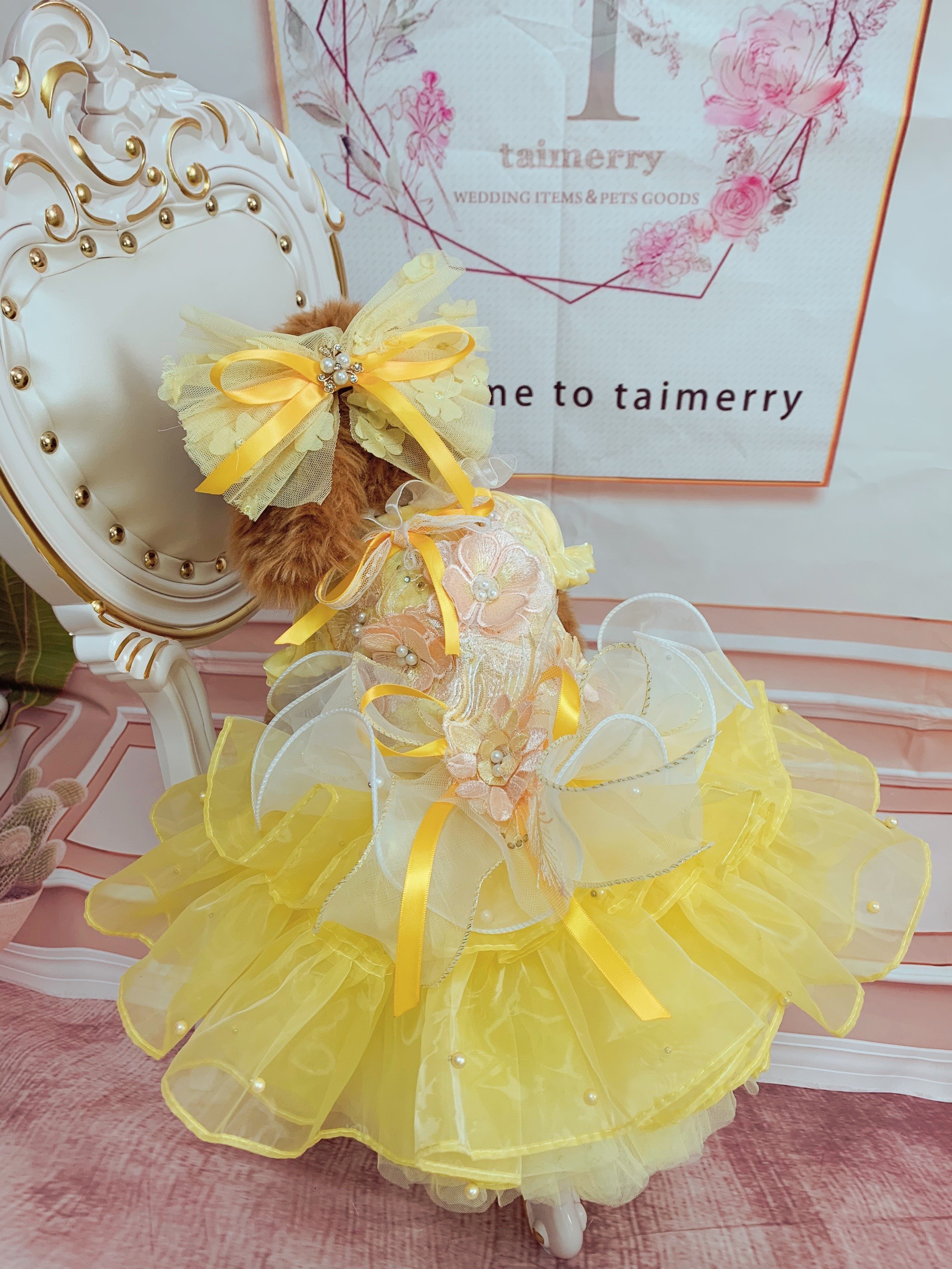 犬猫うさちゃん服　春の訪れレモンイエローのふりふりワンピース