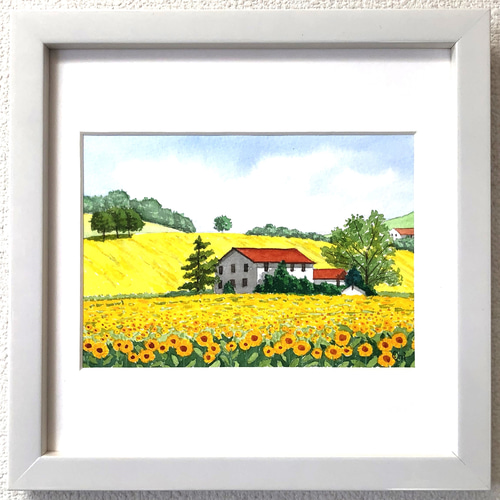 お歳暮 時期 ひまわりの丘03」透明水彩画 原画 絵画 2Lサイズ 額縁付 風景画 絵画