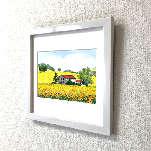 ひまわりの丘03」透明水彩画 原画 風景画 額縁付 2Lサイズ 絵画