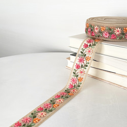 [ 185 ] インド刺繍 リボン ピンク 桃色 花柄 幅:3cm 2枚目の画像