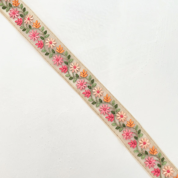 [ 185 ] インド刺繍 リボン ピンク 桃色 花柄 幅:3cm 5枚目の画像