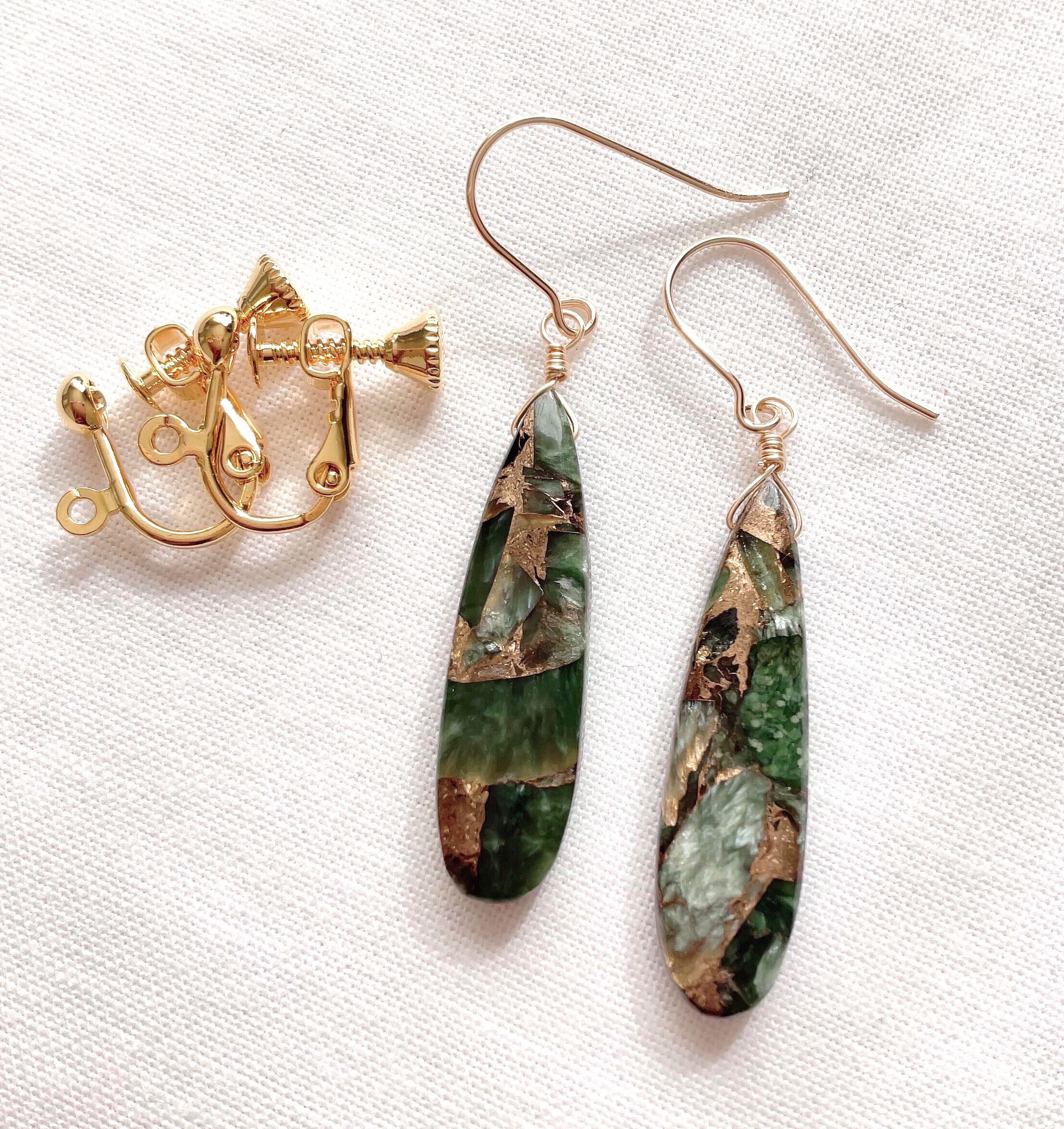 セラフィナイトコッパー ロングピアス,イヤリング/14kgf 天然石　金属アレルギー対応　シンプル　大ぶり