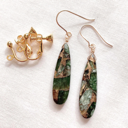 セラフィナイトコッパー ロングピアス,イヤリング/14kgf 天然石 金属