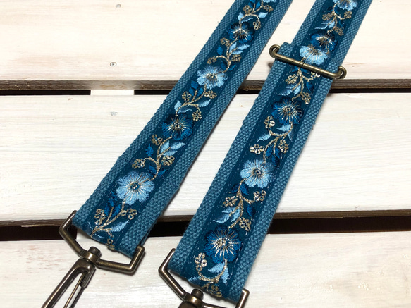 38mm幅・斜め掛け用ショルダーストラップ☆デニムブルーベルト+青緑の