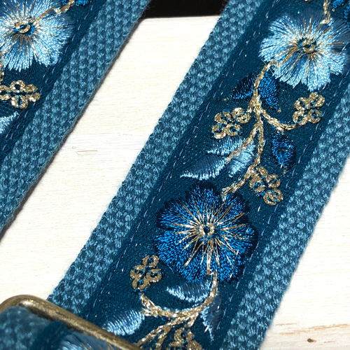 38mm幅・斜め掛け用ショルダーストラップ☆デニムブルーベルト+青緑の