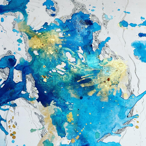 initiation」一点もの ブルー系 原画 線画 抽象画 アートパネル 絵画
