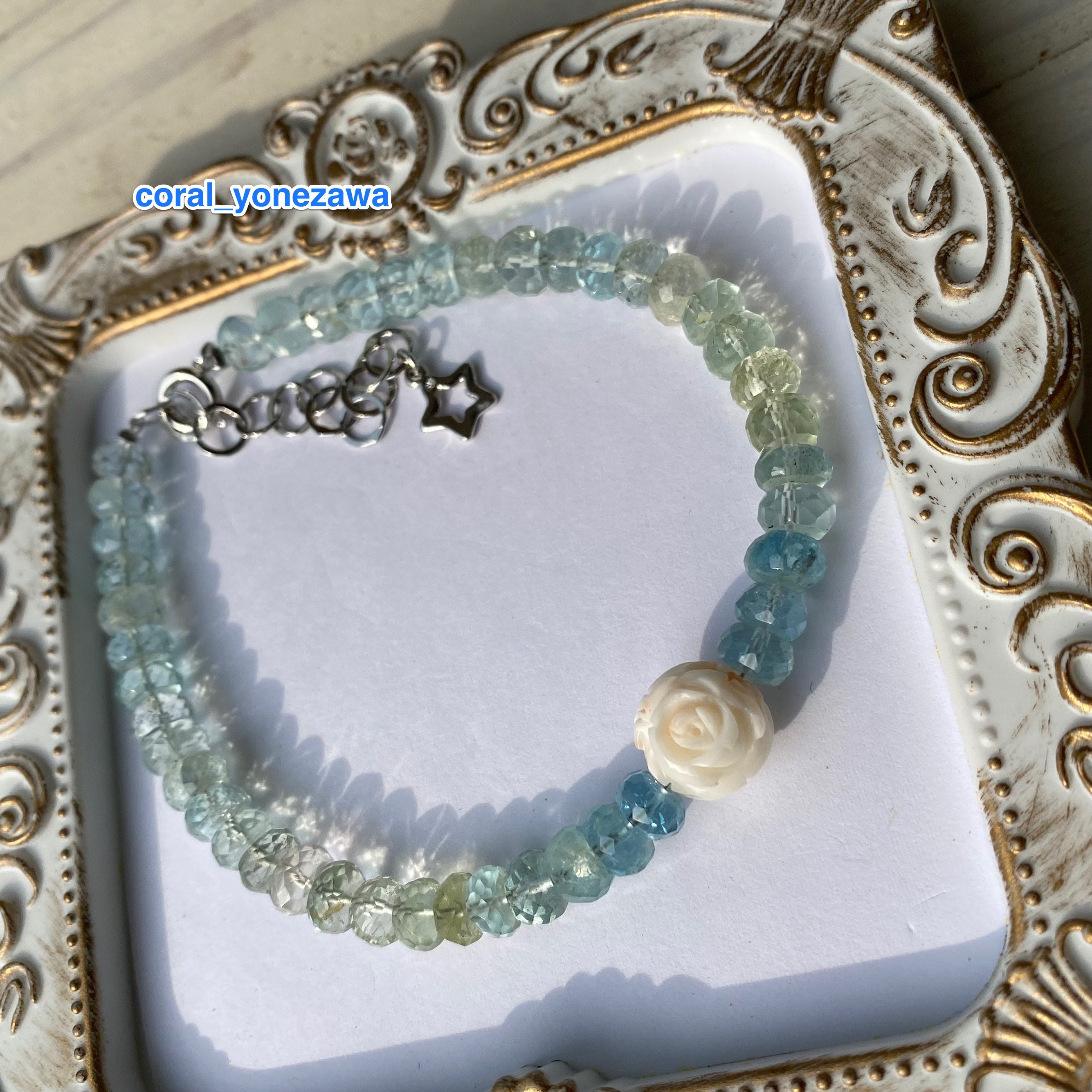 【一点もの】3月生まれさん特にオススメ♡アクアマリン&コーラル　ブレスレット　留めやすい大きめループアジャスター仕様