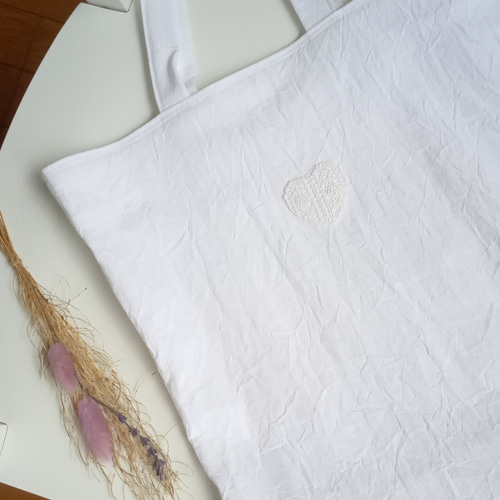 レースのハートの大きめトートバッグ ホワイト(白)(コットンリネン