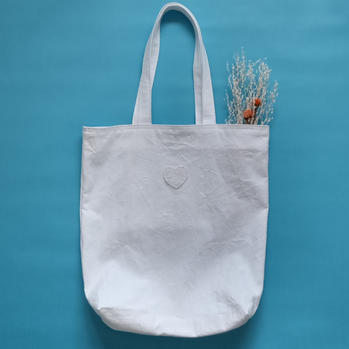 レースのハートの大きめトートバッグ ホワイト(白)(コットンリネン