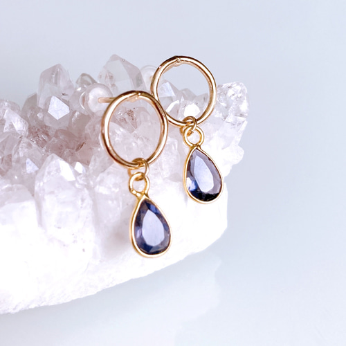 3月誕生石》大人ブルーのアイオライトのしずくリングピアス 14kgf誕生