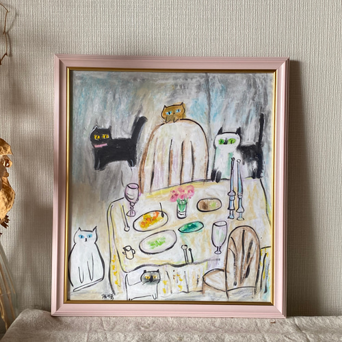 アパレル通販サイトランキング 絵画 。壁掛け絵手描き【夕食の前、かわいい猫たち】 絵画 絵画