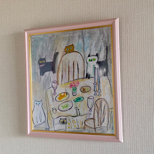 絵画 。壁掛け絵手描き【猫たちのデートの中で素敵なこと】 絵画。壁掛け絵原画手描き【ヨーロッパ風の椅子と白い猫】01