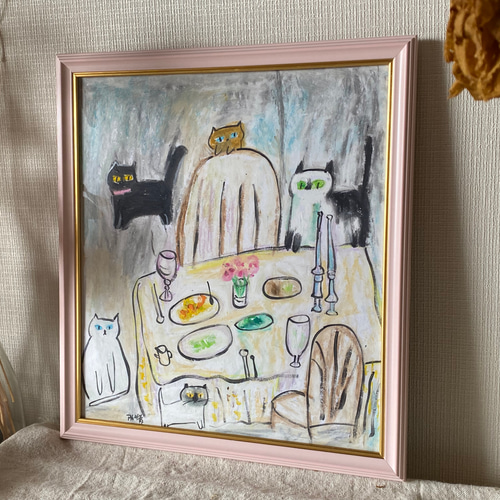 絵画 。壁掛け絵手描き【猫たちは銀河にかわいい星を入れている】 絵画 。壁掛け絵手描き【猫たちは銀河にかわいい星を入れている