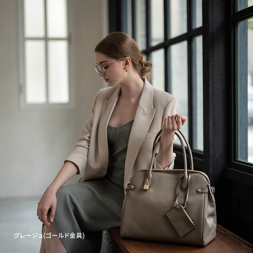 本革 トートバッグ 2way ビジネス A4 大容量 シルバー金具 グレージュ 