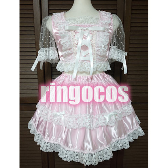 アイドル衣装 ピンク×白 編み上げリボン オリジナル ハンドメイド