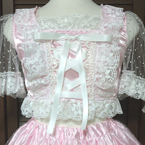 アイドル衣装 ピンク×白 編み上げリボン オリジナル ハンドメイド コスプレ衣装 ロリータ ロリィタ 2枚目の画像