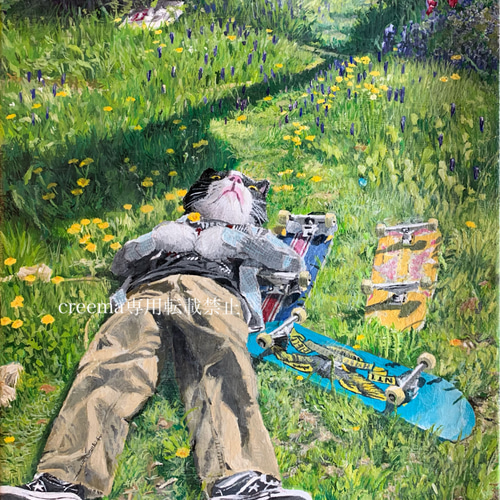 絵/絵画/猫/キャンバス/F4号/スケボー/アクリル画/原画/手書き/ハチワレ