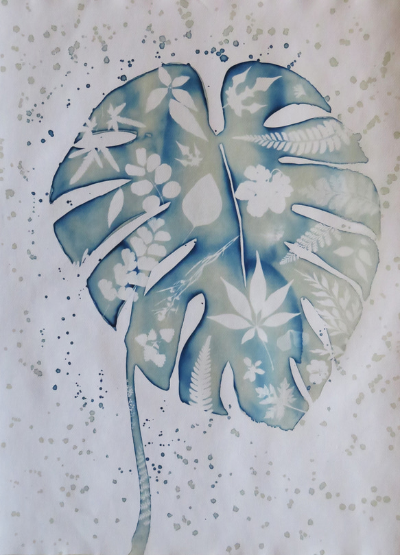 植物のシルエット。ボタニック シアノタイプ 額入りアートピース - モンステラ 4枚目の画像