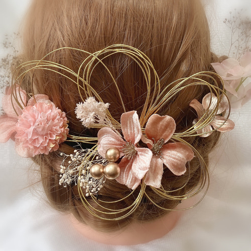 成人式 髪飾り 桜ピンクゴールドのお花と水引 ドライフラワーの髪飾り ...