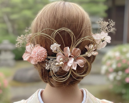 成人式 髪飾り 桜ピンクゴールドのお花と水引 ドライフラワーの髪飾り