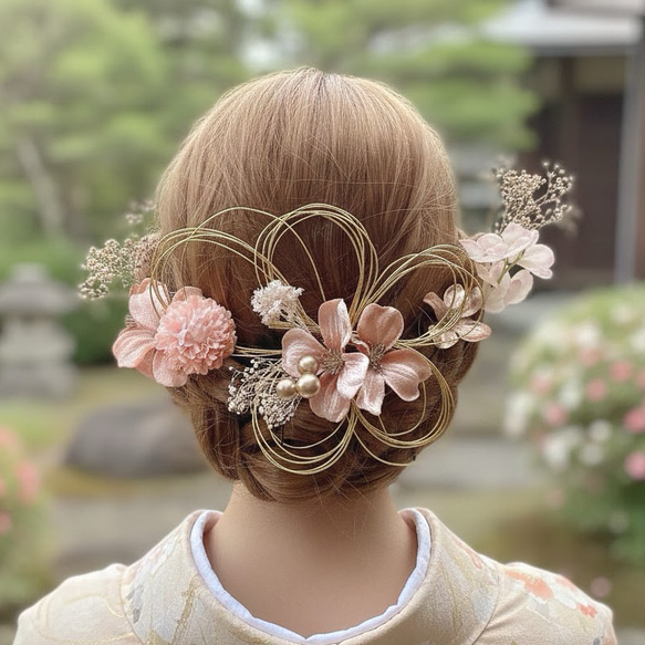 成人式 髪飾り 桜ピンクゴールドのお花と水引 ドライフラワーの髪飾り