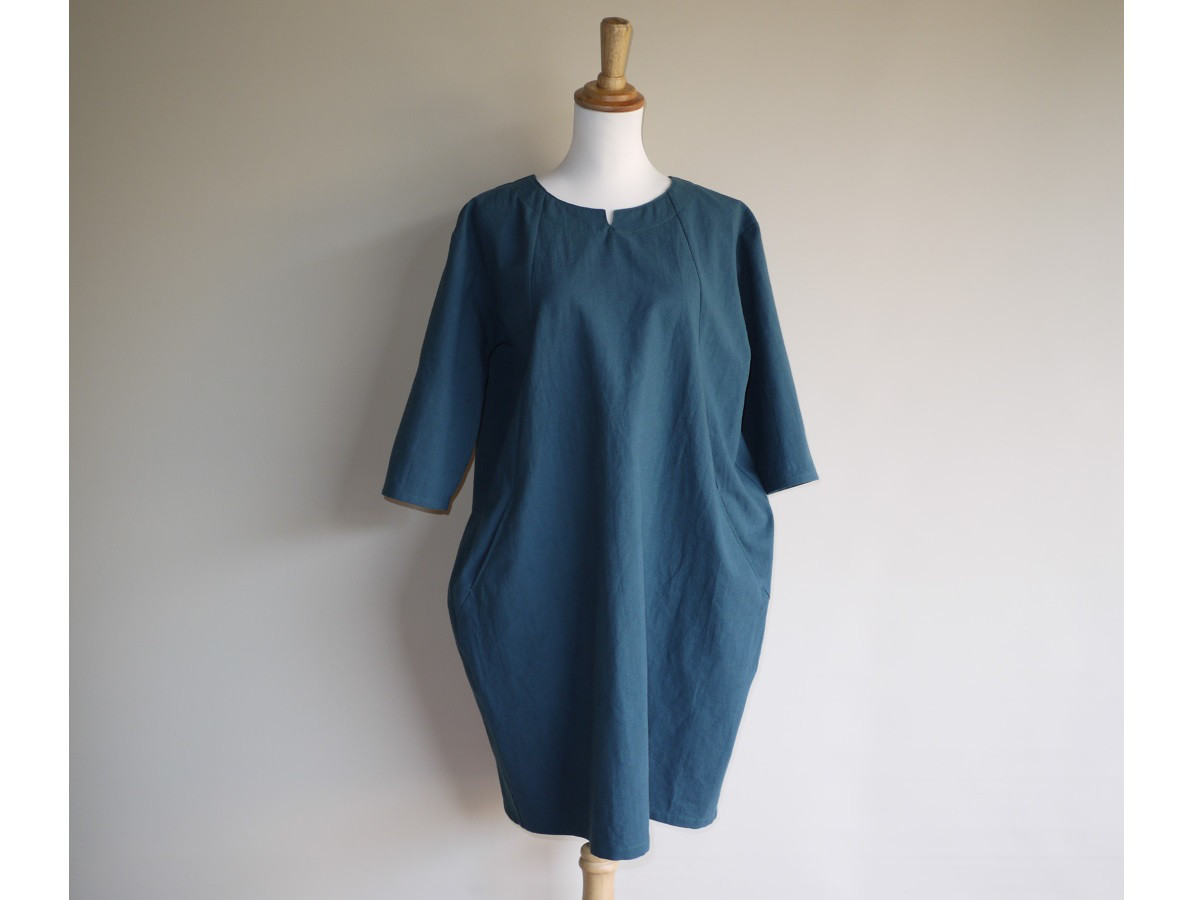 サックワンピース　七分袖◇ブルーグリーン【やわらかコットンリネン】◇S・M・Ⅼ・LL