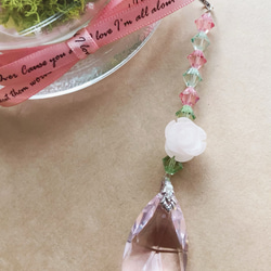 バラ型ローズクオーツ天然石使用⭐︎廃番最高品質ドロップミニサンキャッチャーストラップ 3枚目の画像