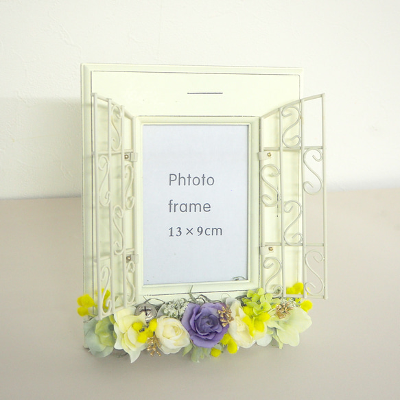 お花で飾るアンティーク フォトフレーム☆　L　ミモザ 2枚目の画像