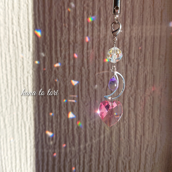 月とハートのSWAROVSKI ミニサンキャッチャー ストラップ 携帯