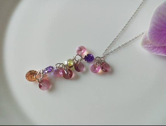 紫色及粉紅色施華洛世奇水晶元素及鋯石項鍊，925純銀鍊條 第8張的照片